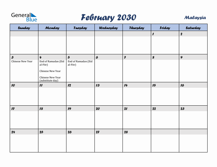 February 2030 Calendar with Holidays in Malaysia