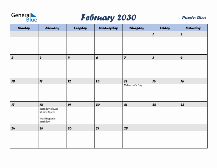 February 2030 Calendar with Holidays in Puerto Rico