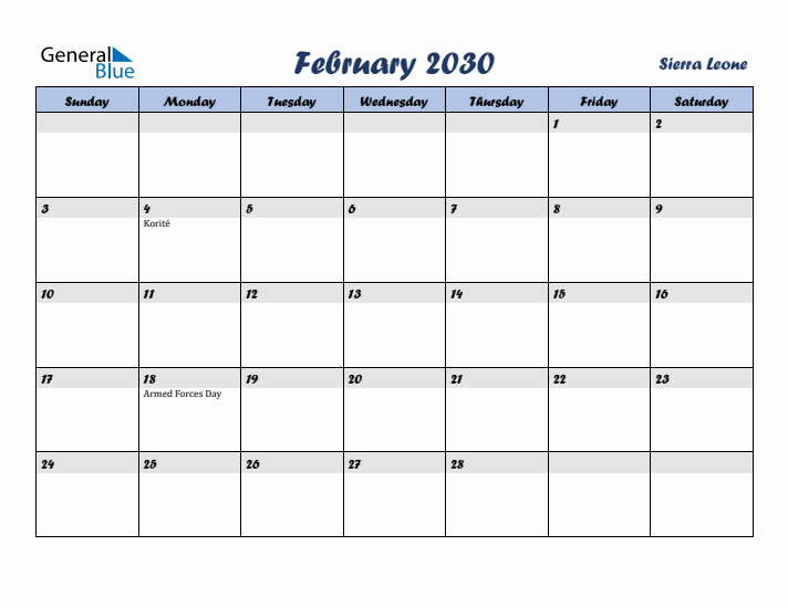 February 2030 Calendar with Holidays in Sierra Leone