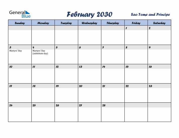 February 2030 Calendar with Holidays in Sao Tome and Principe