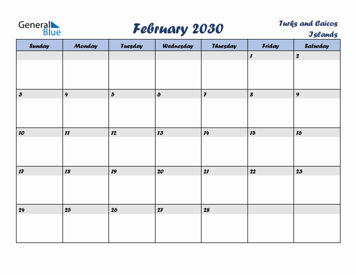 February 2030 Calendar with Holidays in Turks and Caicos Islands