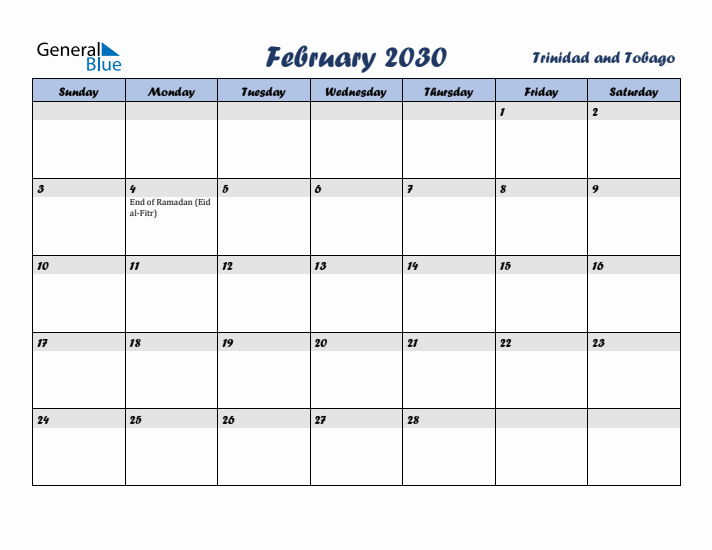 February 2030 Calendar with Holidays in Trinidad and Tobago