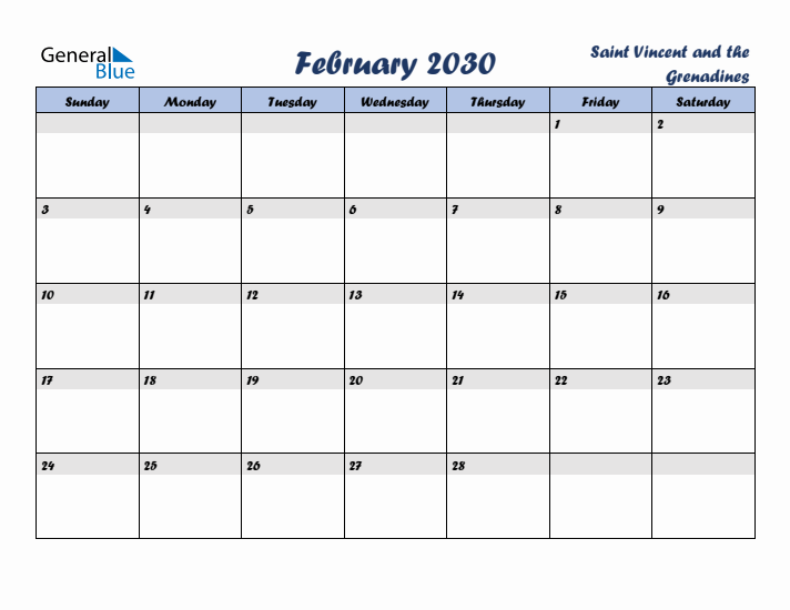 February 2030 Calendar with Holidays in Saint Vincent and the Grenadines