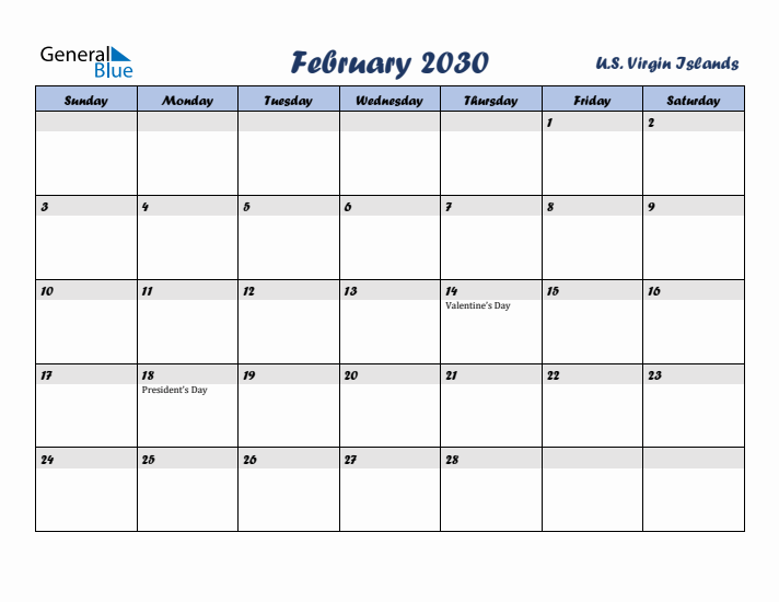 February 2030 Calendar with Holidays in U.S. Virgin Islands