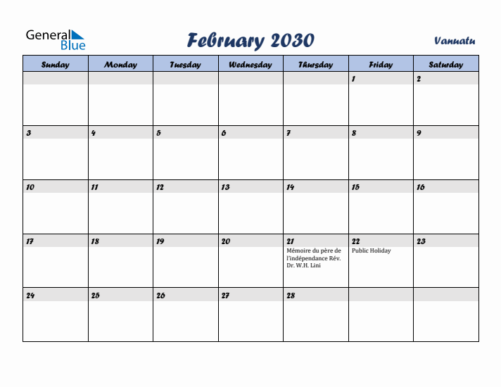 February 2030 Calendar with Holidays in Vanuatu