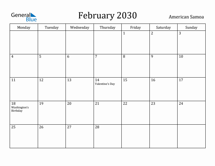 February 2030 Calendar American Samoa