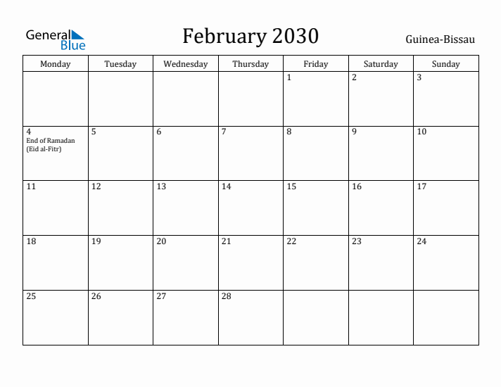 February 2030 Calendar Guinea-Bissau