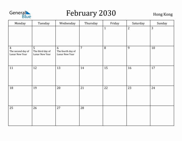 February 2030 Calendar Hong Kong