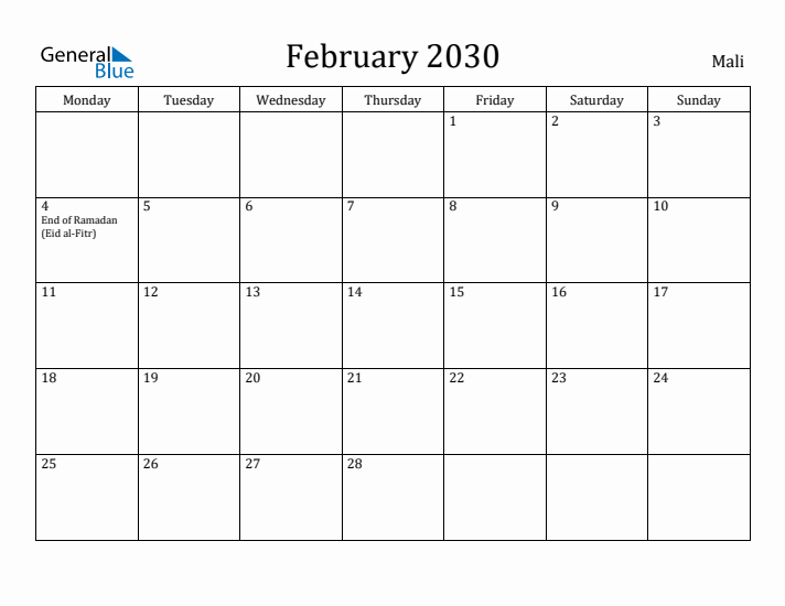 February 2030 Calendar Mali