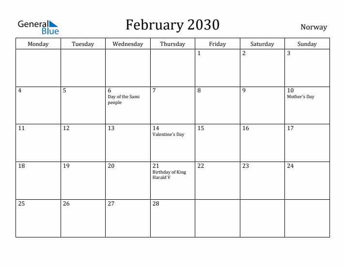 February 2030 Calendar Norway