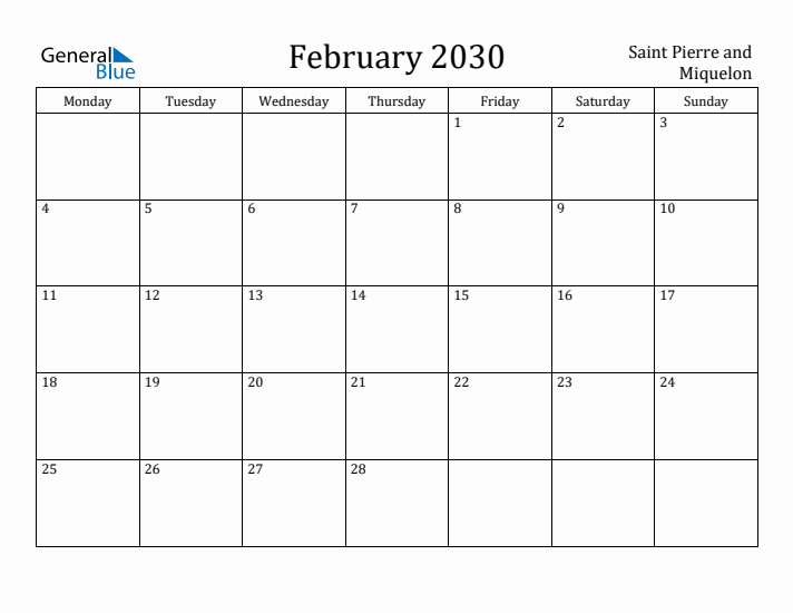 February 2030 Calendar Saint Pierre and Miquelon