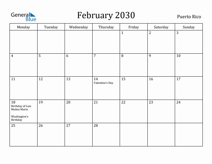 February 2030 Calendar Puerto Rico