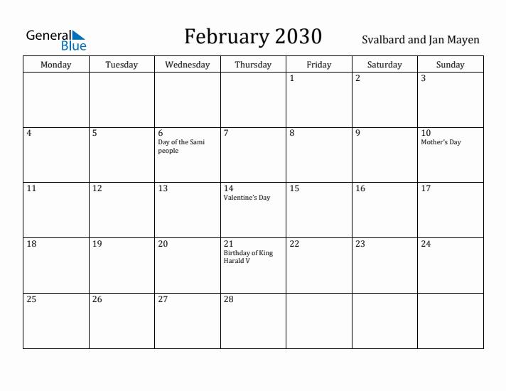 February 2030 Calendar Svalbard and Jan Mayen