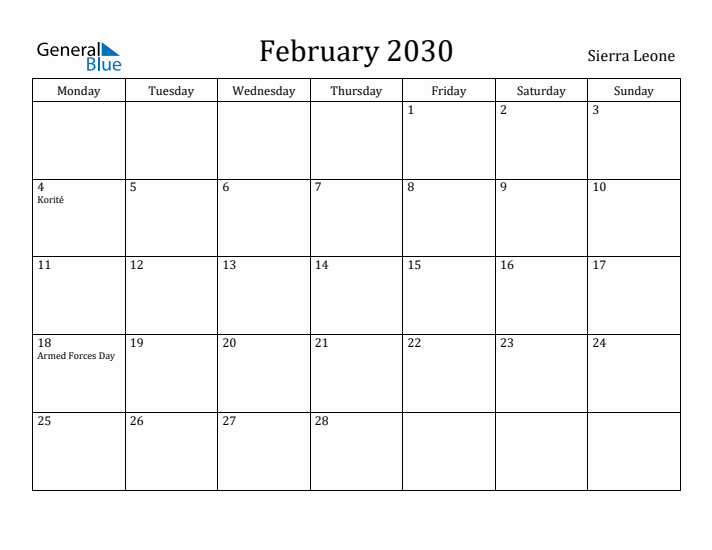 February 2030 Calendar Sierra Leone