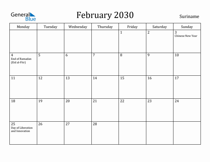 February 2030 Calendar Suriname