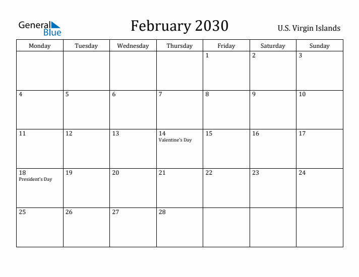 February 2030 Calendar U.S. Virgin Islands