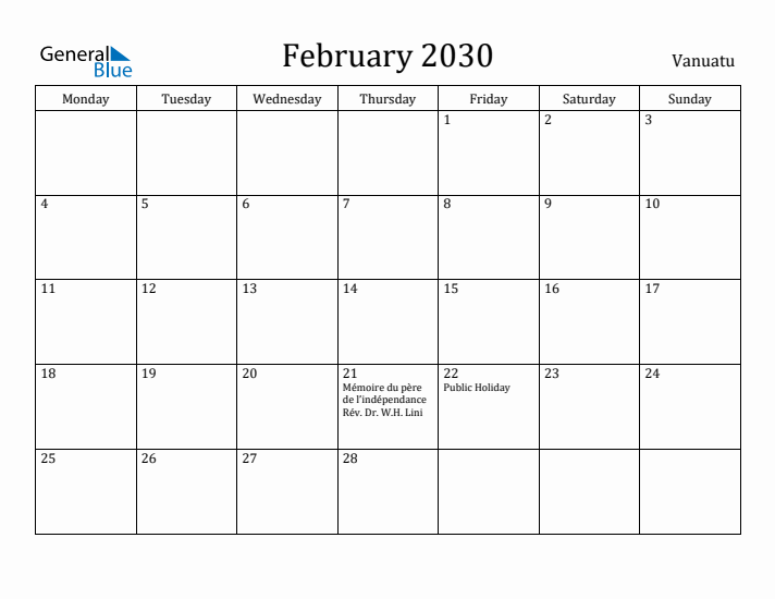 February 2030 Calendar Vanuatu