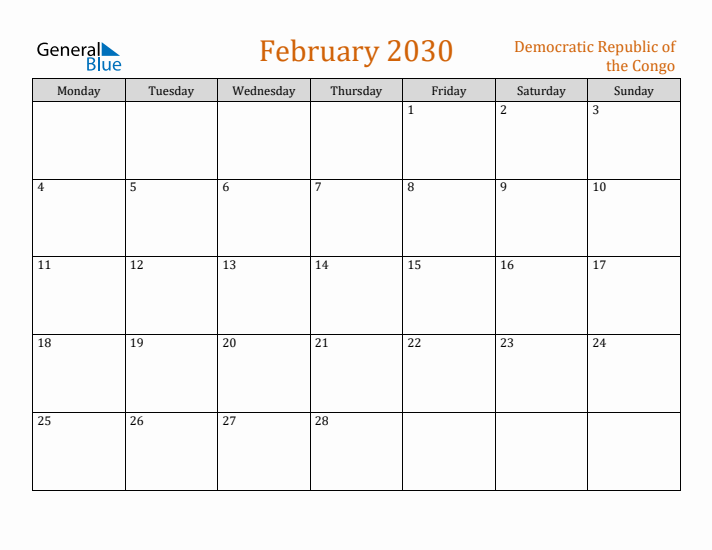 February 2030 Holiday Calendar with Monday Start