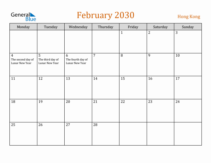 February 2030 Holiday Calendar with Monday Start