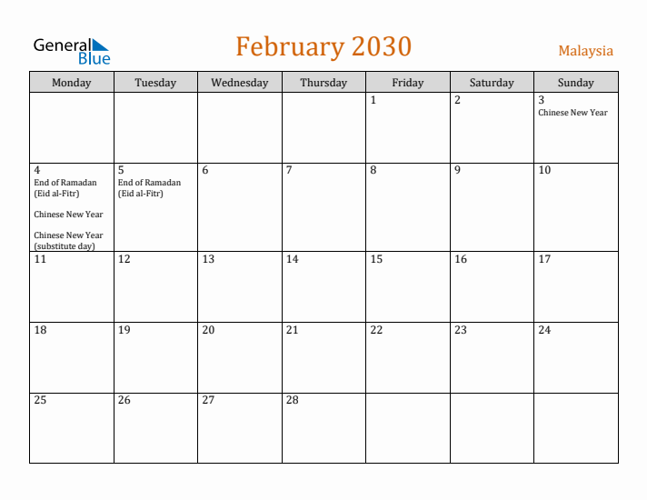February 2030 Holiday Calendar with Monday Start