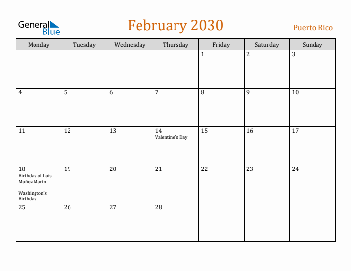February 2030 Holiday Calendar with Monday Start