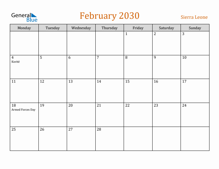 February 2030 Holiday Calendar with Monday Start
