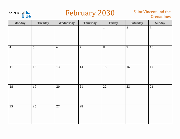 February 2030 Holiday Calendar with Monday Start