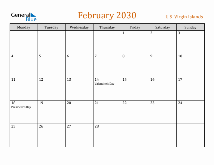 February 2030 Holiday Calendar with Monday Start