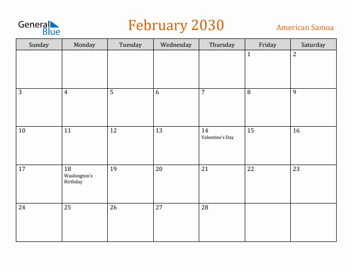 February 2030 Holiday Calendar with Sunday Start