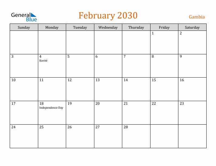 February 2030 Holiday Calendar with Sunday Start