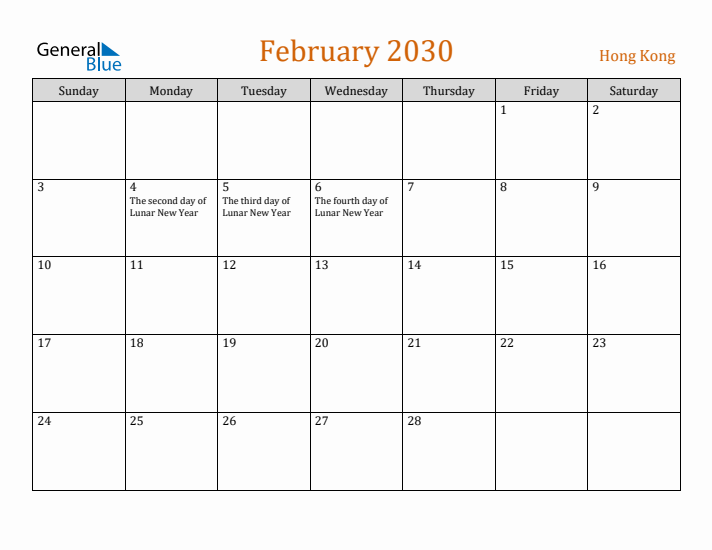 February 2030 Holiday Calendar with Sunday Start