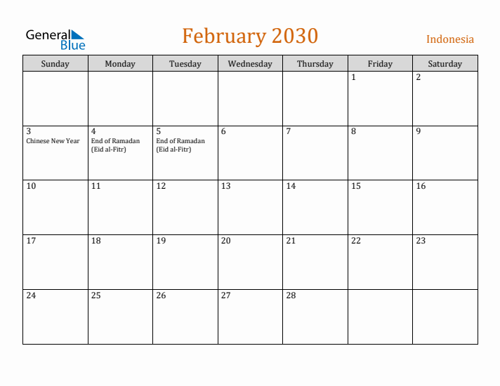 February 2030 Holiday Calendar with Sunday Start