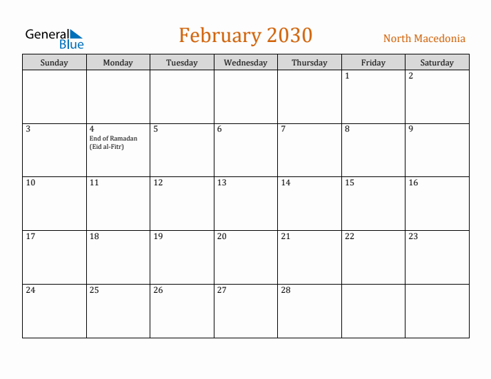 February 2030 Holiday Calendar with Sunday Start