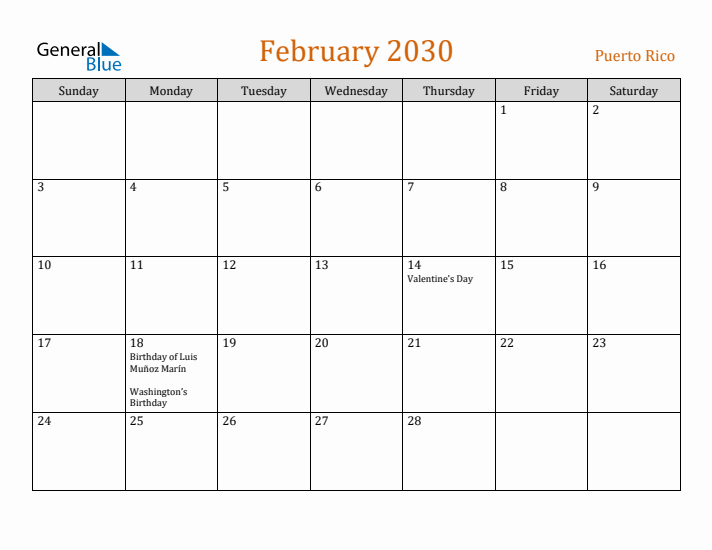 February 2030 Holiday Calendar with Sunday Start
