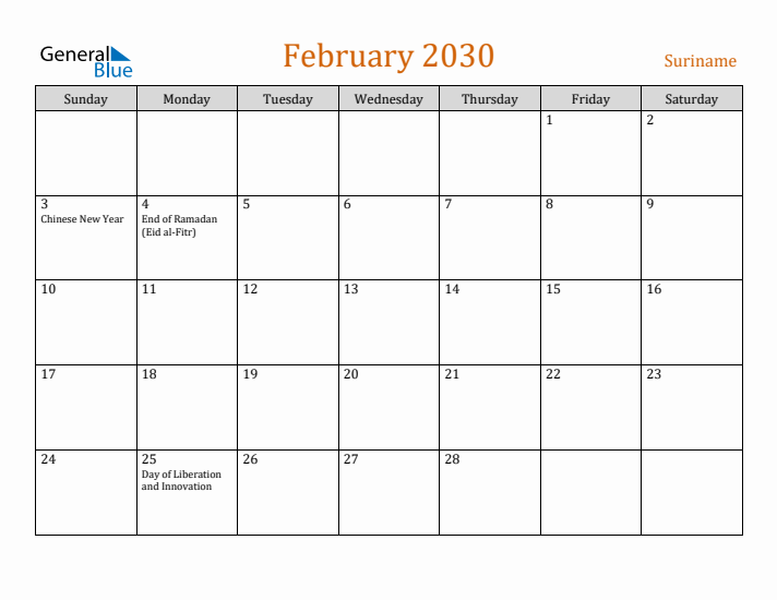 February 2030 Holiday Calendar with Sunday Start