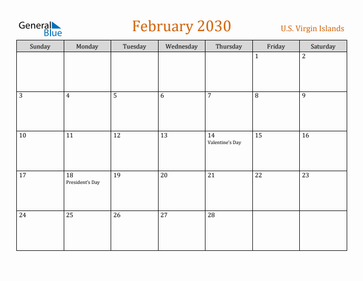 February 2030 Holiday Calendar with Sunday Start