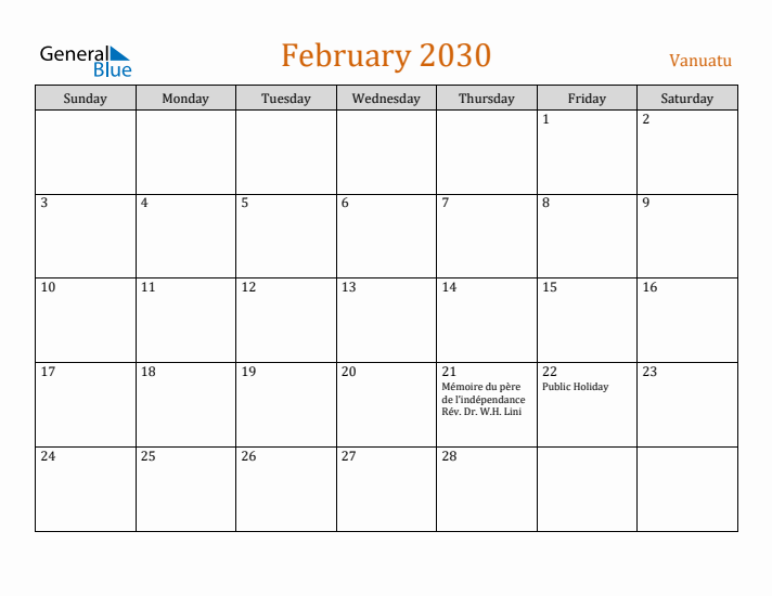 February 2030 Holiday Calendar with Sunday Start