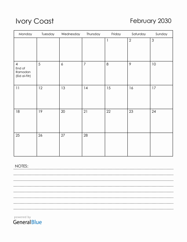 February 2030 Ivory Coast Calendar with Holidays (Monday Start)