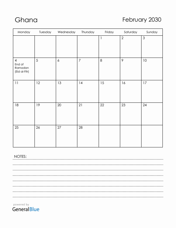 February 2030 Ghana Calendar with Holidays (Monday Start)