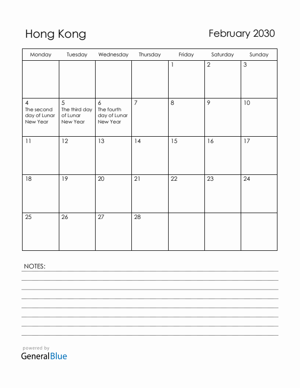February 2030 Hong Kong Calendar with Holidays (Monday Start)