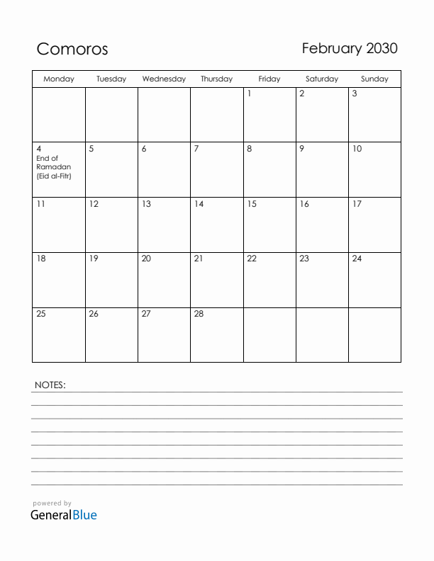 February 2030 Comoros Calendar with Holidays (Monday Start)