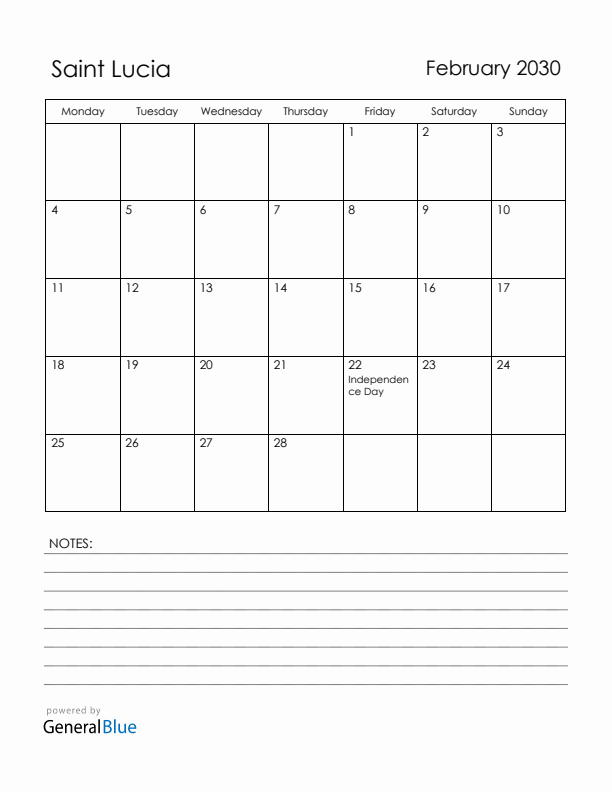 February 2030 Saint Lucia Calendar with Holidays (Monday Start)