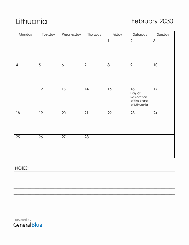 February 2030 Lithuania Calendar with Holidays (Monday Start)