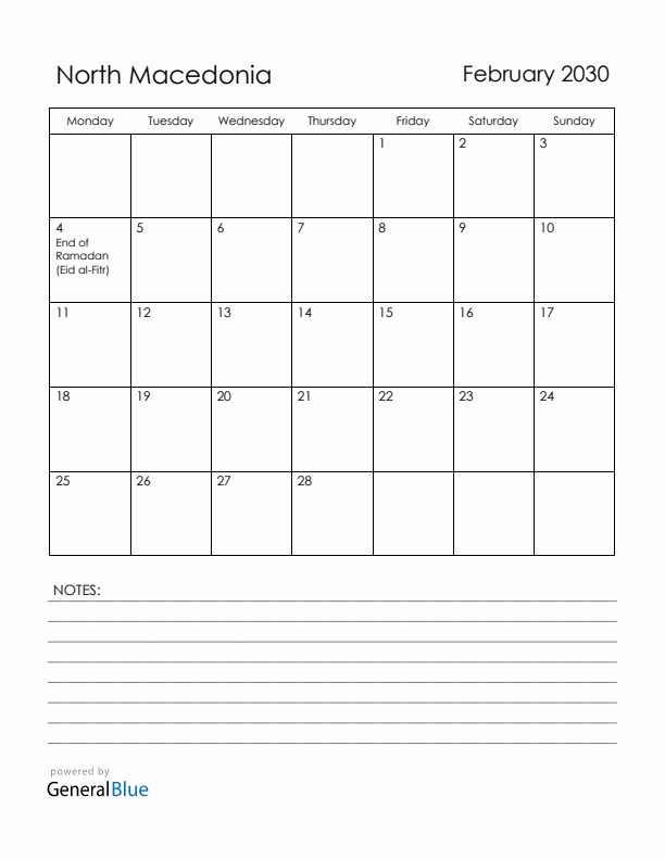 February 2030 North Macedonia Calendar with Holidays (Monday Start)