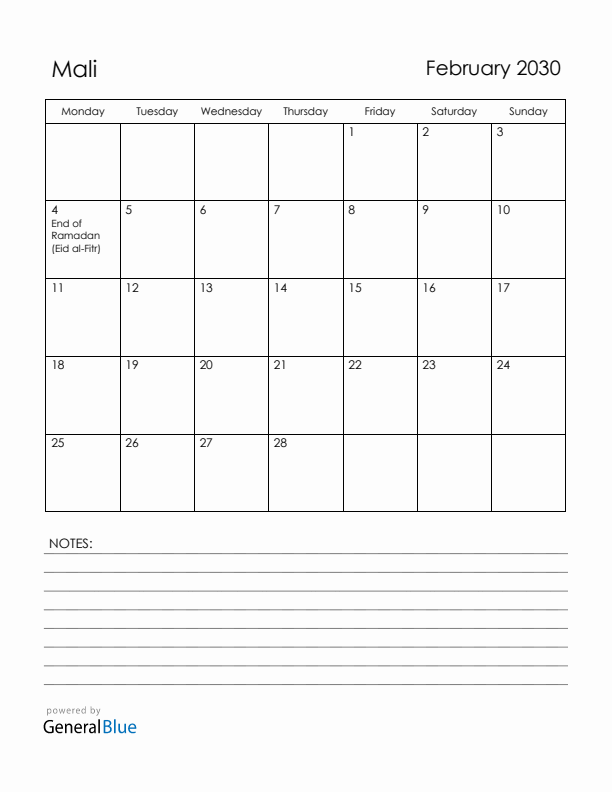 February 2030 Mali Calendar with Holidays (Monday Start)
