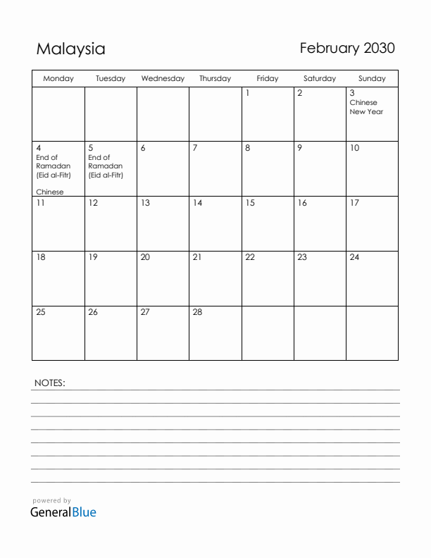 February 2030 Malaysia Calendar with Holidays (Monday Start)