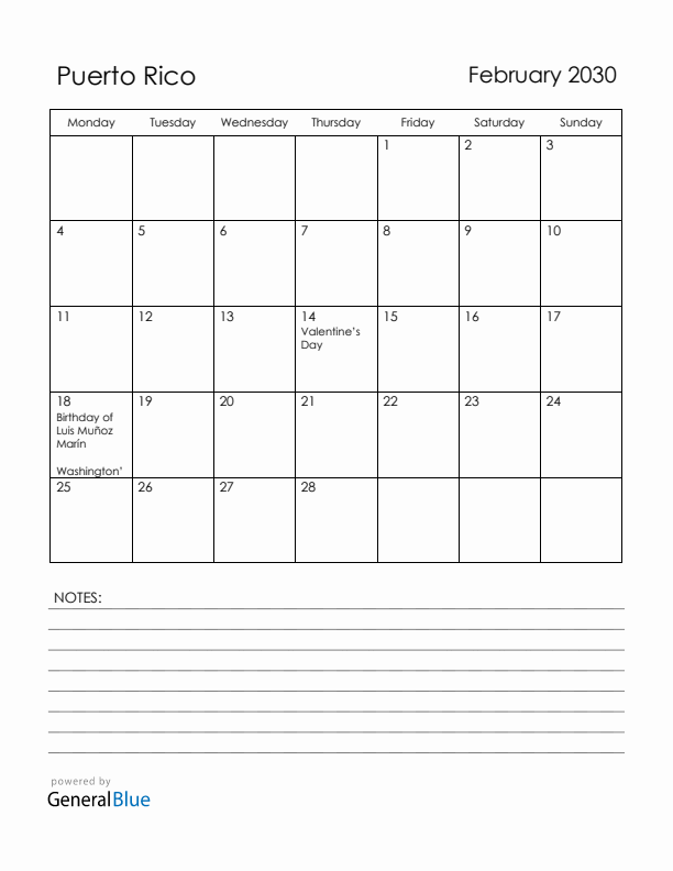 February 2030 Puerto Rico Calendar with Holidays (Monday Start)