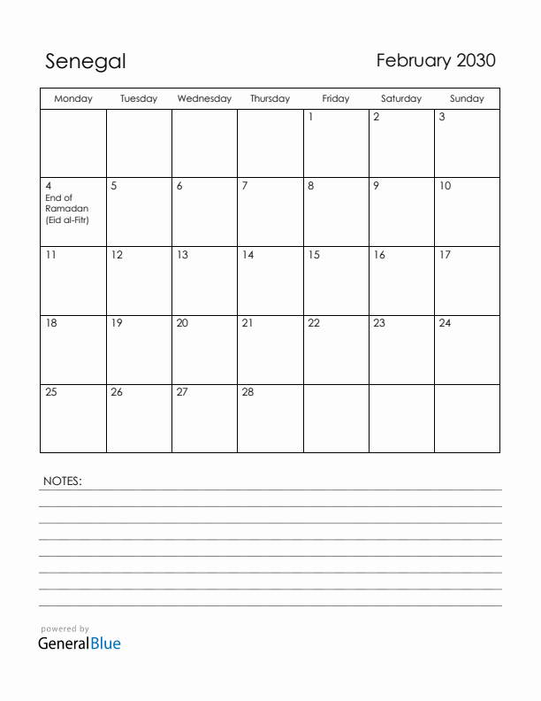 February 2030 Senegal Calendar with Holidays (Monday Start)