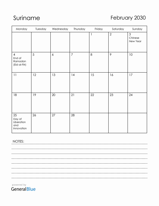 February 2030 Suriname Calendar with Holidays (Monday Start)