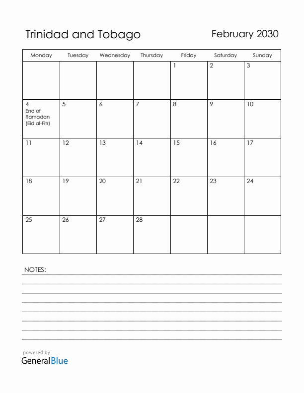 February 2030 Trinidad and Tobago Calendar with Holidays (Monday Start)